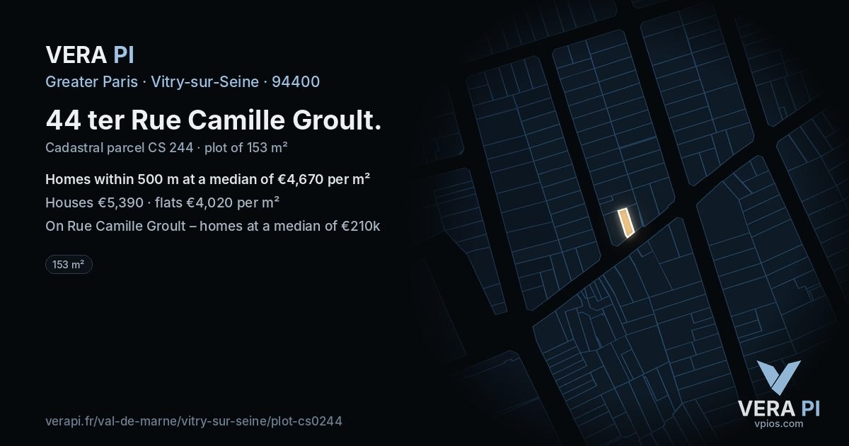 44 ter Rue Camille Groult, Vitry-sur-Seine at night – the plot lit, the parcels around coloured by the prices near them