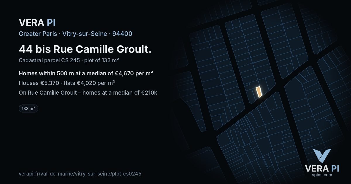 44 bis Rue Camille Groult, Vitry-sur-Seine at night – the plot lit, the parcels around coloured by the prices near them