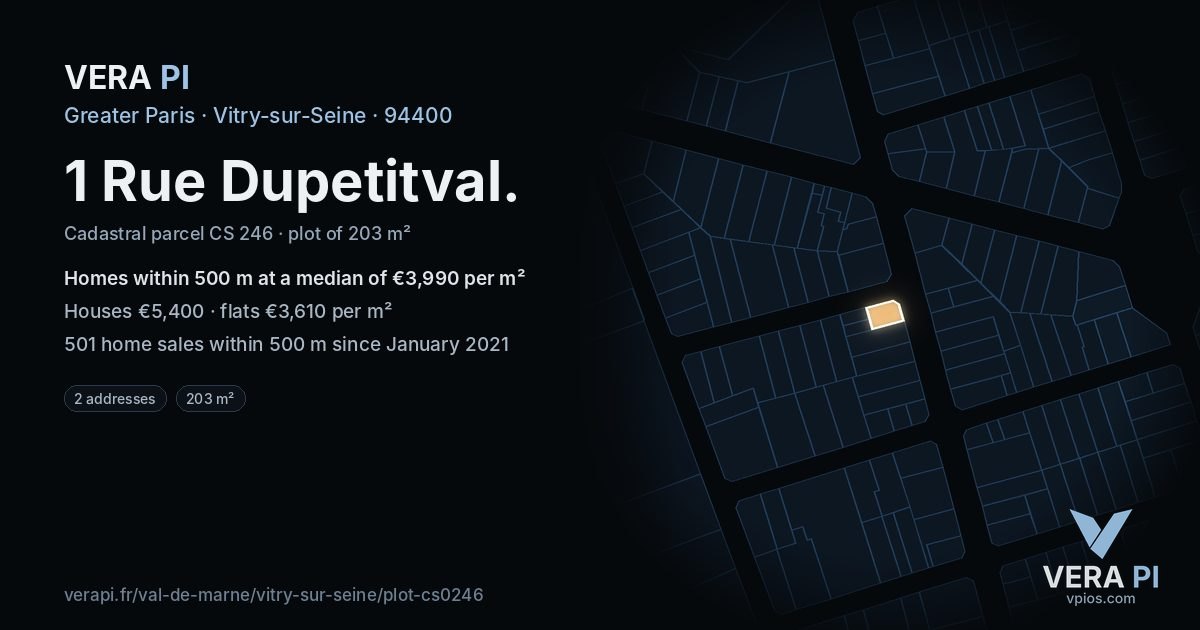 1 Rue Dupetitval, Vitry-sur-Seine at night – the plot lit, the parcels around coloured by the prices near them