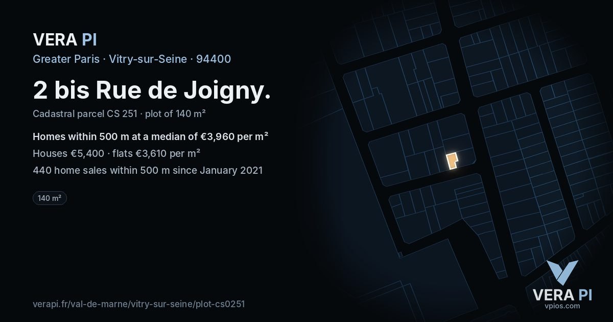 2 bis Rue de Joigny, Vitry-sur-Seine at night – the plot lit, the parcels around coloured by the prices near them