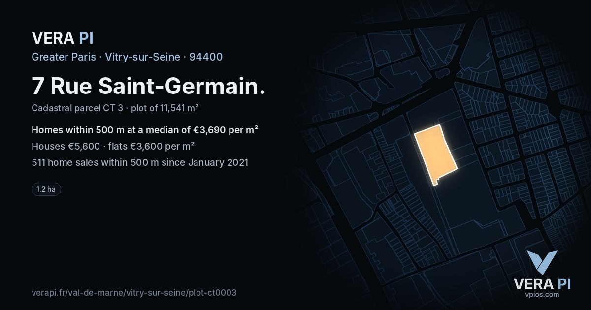 7 Rue Saint-Germain, Vitry-sur-Seine at night – the plot lit, the parcels around coloured by the prices near them
