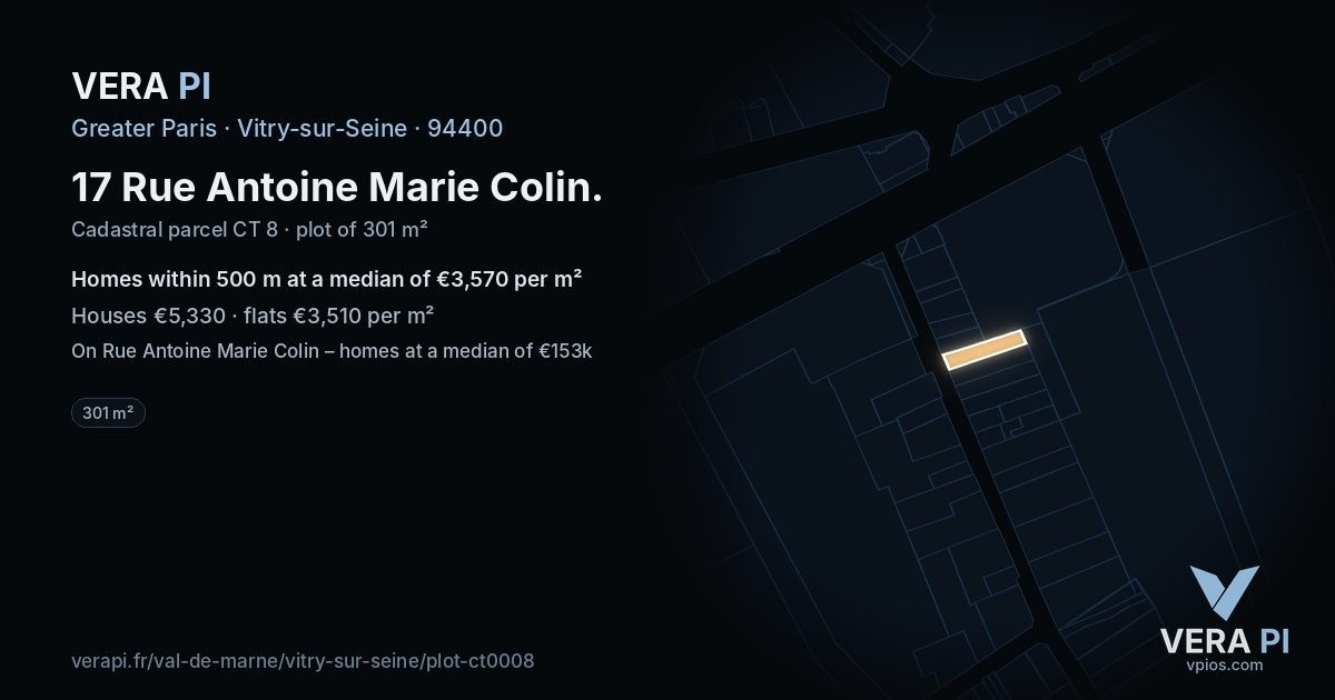 17 Rue Antoine Marie Colin, Vitry-sur-Seine at night – the plot lit, the parcels around coloured by the prices near them