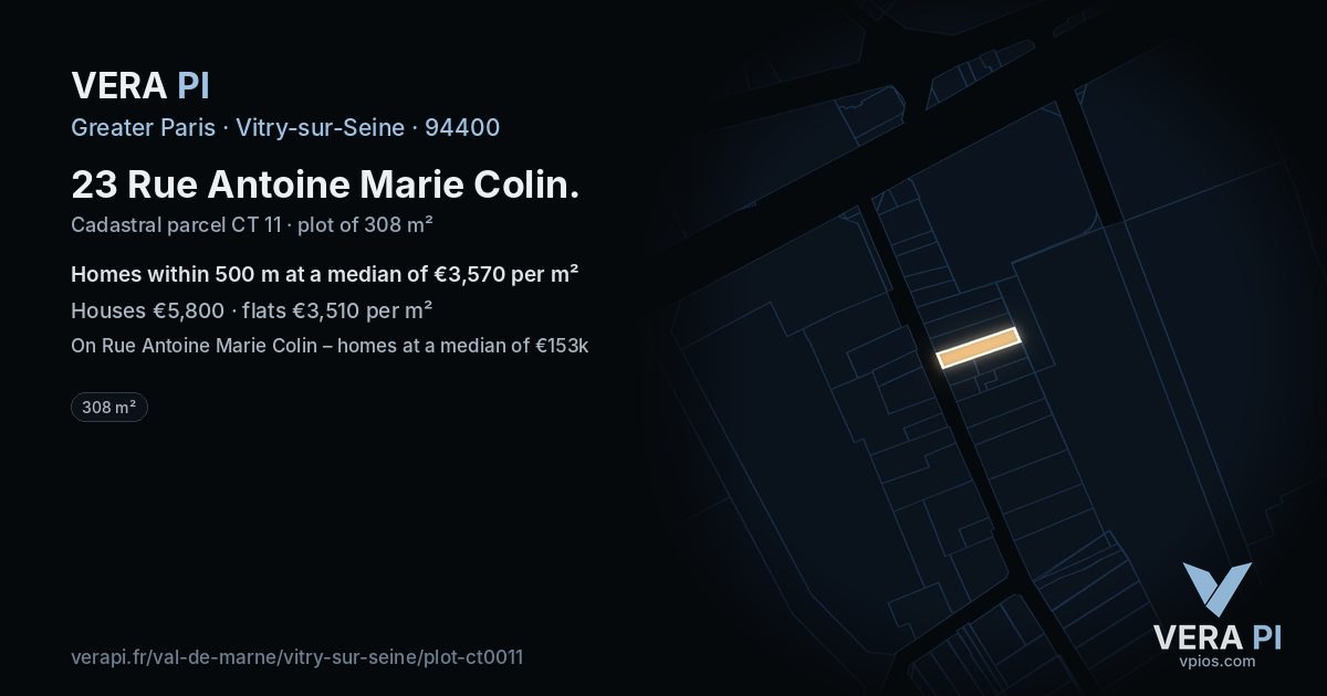 23 Rue Antoine Marie Colin, Vitry-sur-Seine at night – the plot lit, the parcels around coloured by the prices near them