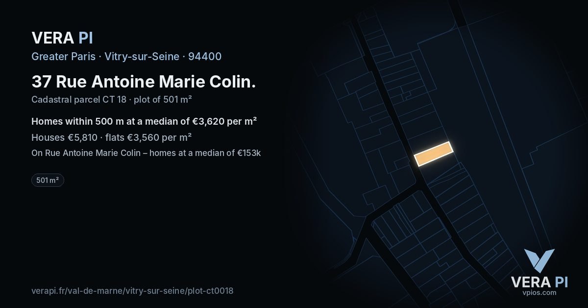 37 Rue Antoine Marie Colin, Vitry-sur-Seine at night – the plot lit, the parcels around coloured by the prices near them