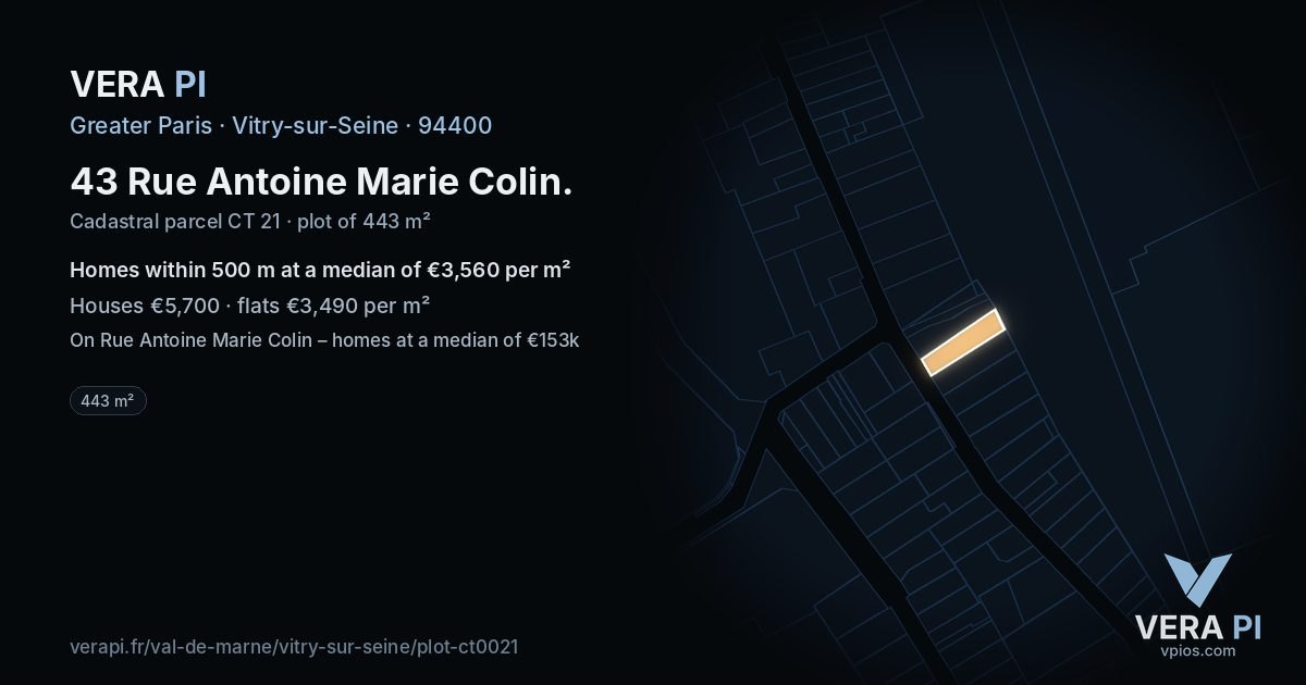 43 Rue Antoine Marie Colin, Vitry-sur-Seine at night – the plot lit, the parcels around coloured by the prices near them