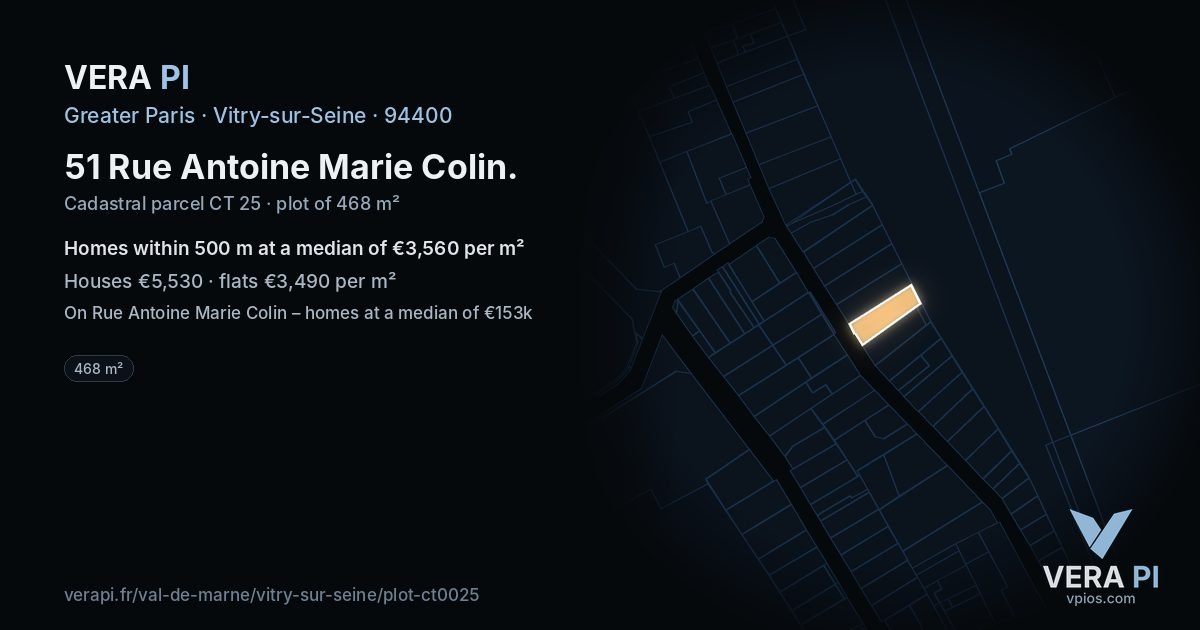 51 Rue Antoine Marie Colin, Vitry-sur-Seine at night – the plot lit, the parcels around coloured by the prices near them