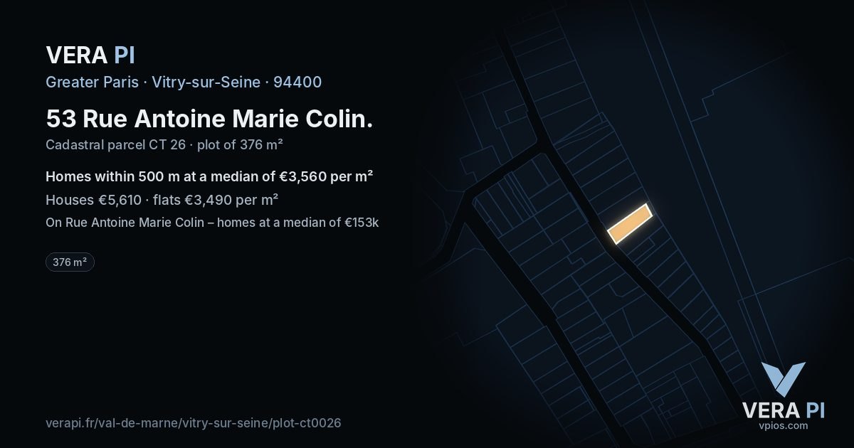 53 Rue Antoine Marie Colin, Vitry-sur-Seine at night – the plot lit, the parcels around coloured by the prices near them