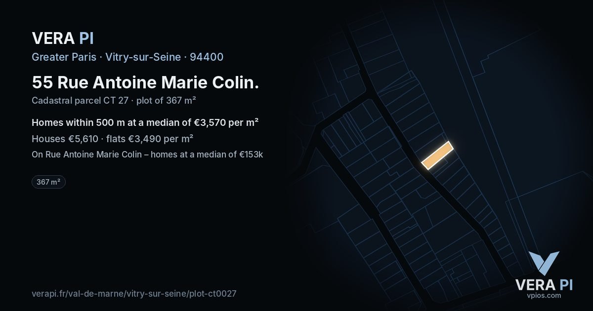 55 Rue Antoine Marie Colin, Vitry-sur-Seine at night – the plot lit, the parcels around coloured by the prices near them