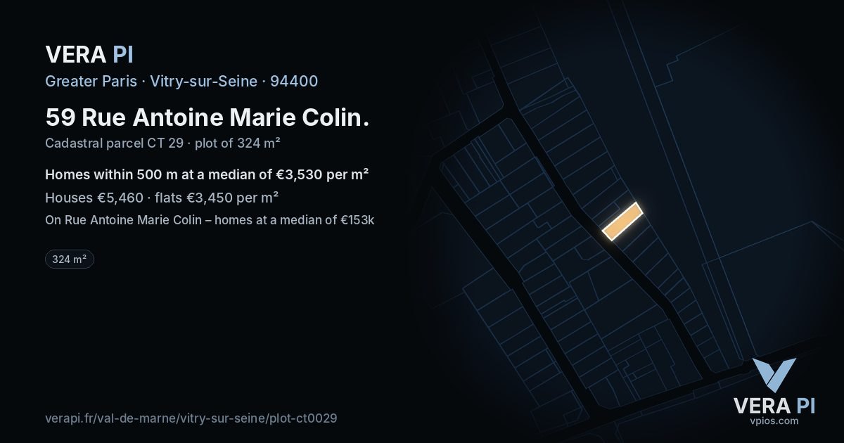 59 Rue Antoine Marie Colin, Vitry-sur-Seine at night – the plot lit, the parcels around coloured by the prices near them