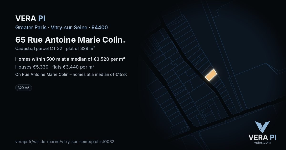 65 Rue Antoine Marie Colin, Vitry-sur-Seine at night – the plot lit, the parcels around coloured by the prices near them