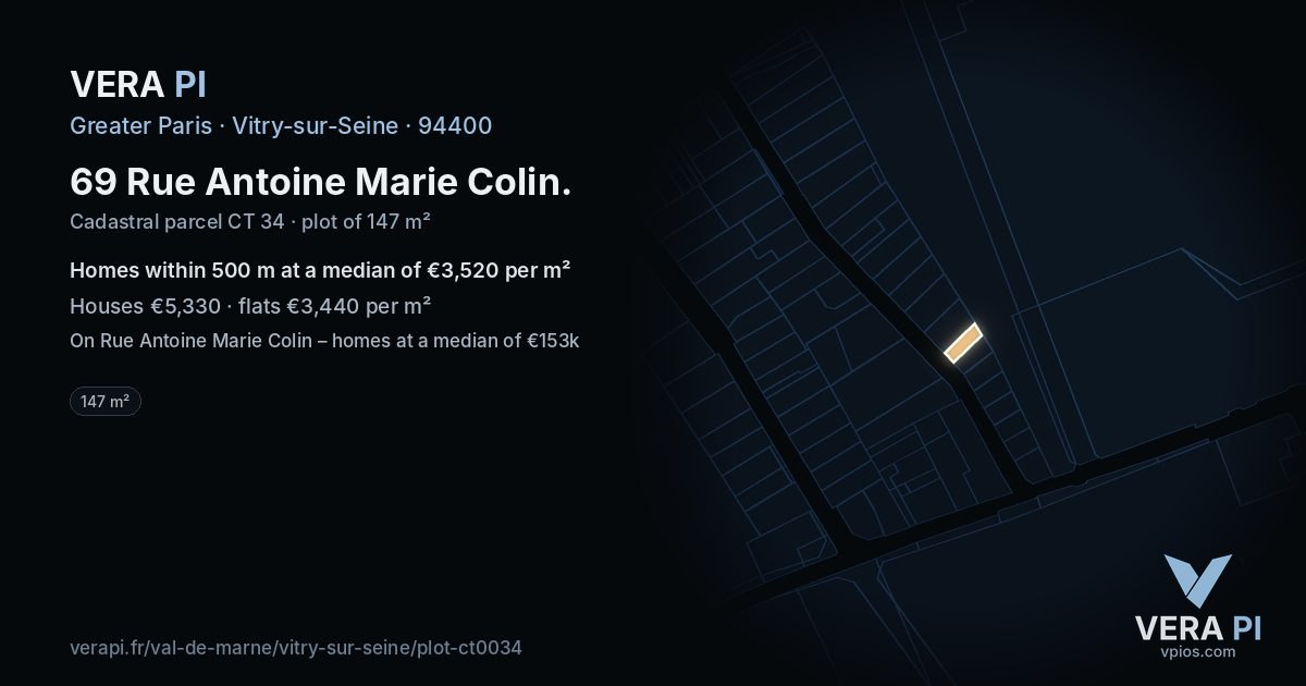 69 Rue Antoine Marie Colin, Vitry-sur-Seine at night – the plot lit, the parcels around coloured by the prices near them