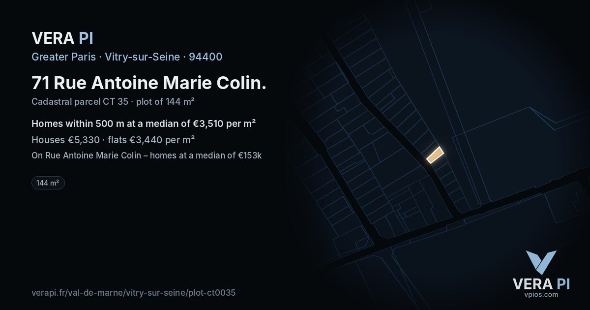 71 Rue Antoine Marie Colin, Vitry-sur-Seine at night – the plot lit, the parcels around coloured by the prices near them