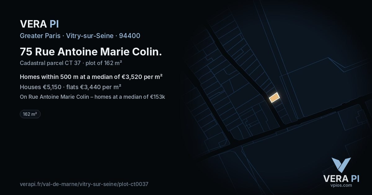 75 Rue Antoine Marie Colin, Vitry-sur-Seine at night – the plot lit, the parcels around coloured by the prices near them