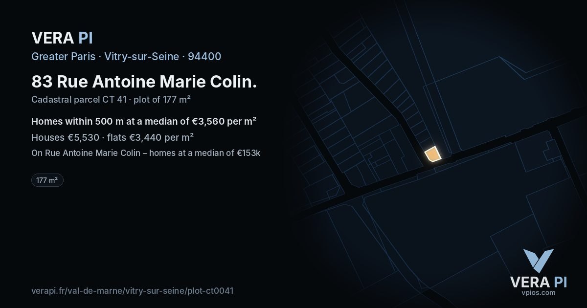 83 Rue Antoine Marie Colin, Vitry-sur-Seine at night – the plot lit, the parcels around coloured by the prices near them