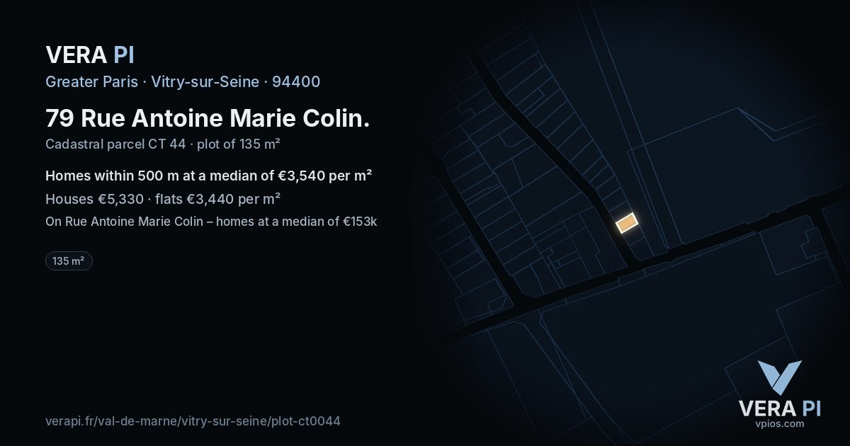 79 Rue Antoine Marie Colin, Vitry-sur-Seine at night – the plot lit, the parcels around coloured by the prices near them