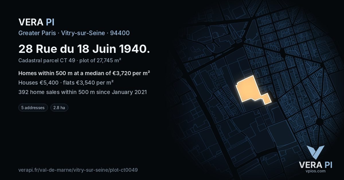 28 Rue du 18 Juin 1940, Vitry-sur-Seine at night – the plot lit, the parcels around coloured by the prices near them