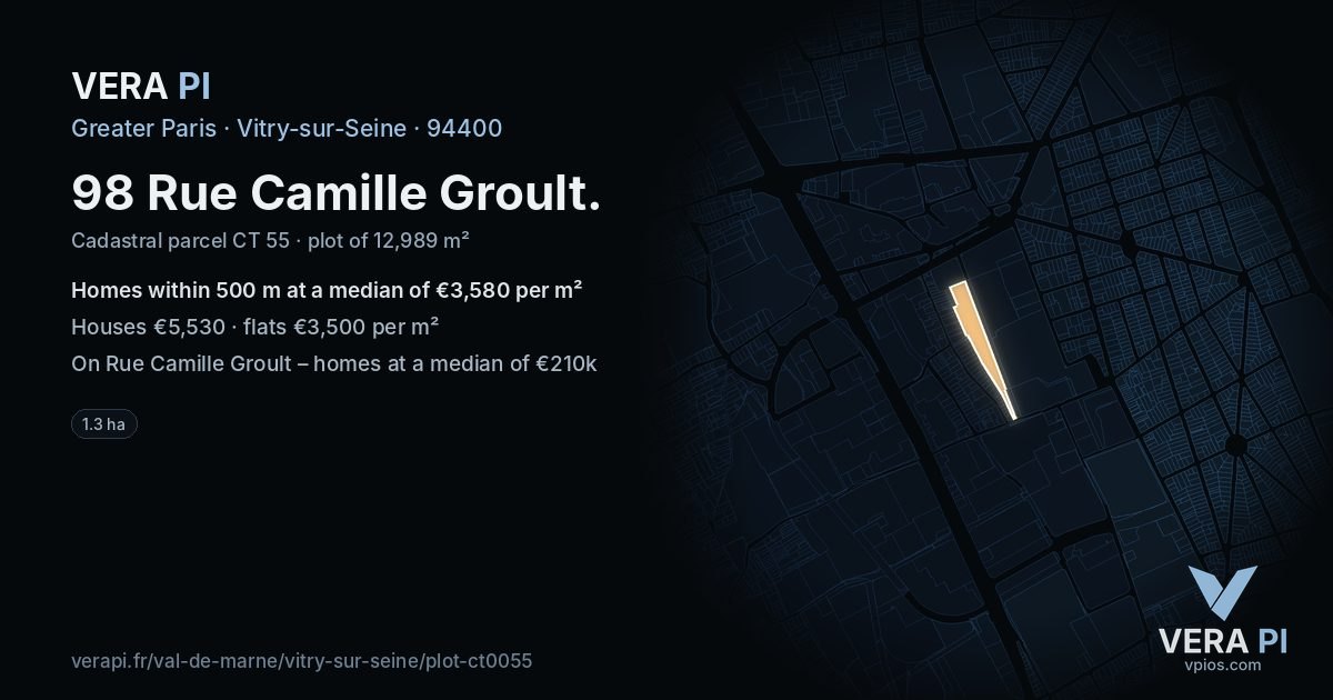 98 Rue Camille Groult, Vitry-sur-Seine at night – the plot lit, the parcels around coloured by the prices near them