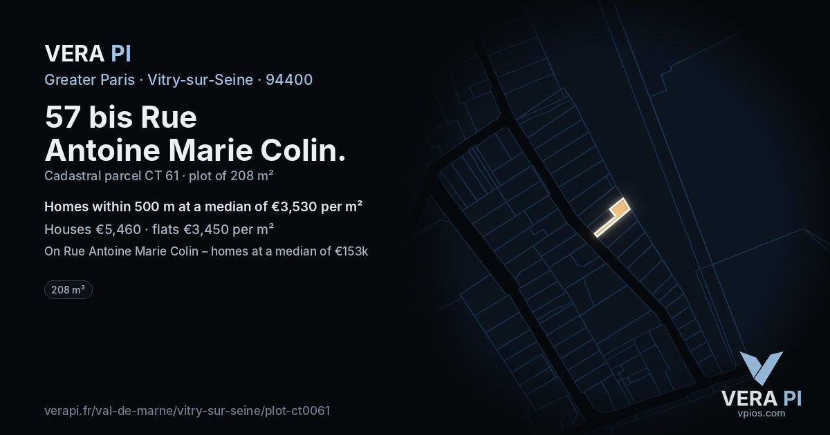 57 bis Rue Antoine Marie Colin, Vitry-sur-Seine at night – the plot lit, the parcels around coloured by the prices near them