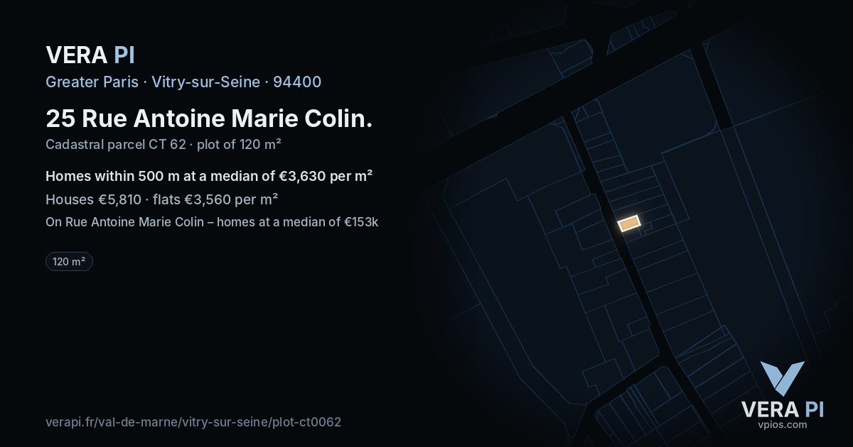 25 Rue Antoine Marie Colin, Vitry-sur-Seine at night – the plot lit, the parcels around coloured by the prices near them