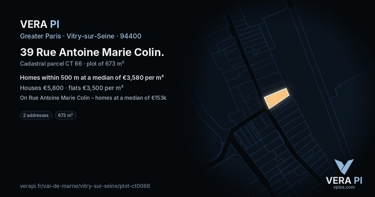 39 Rue Antoine Marie Colin, Vitry-sur-Seine at night – the plot lit, the parcels around coloured by the prices near them