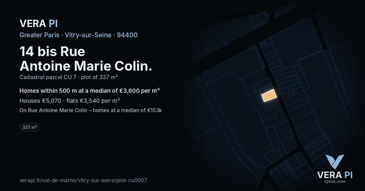 14 bis Rue Antoine Marie Colin, Vitry-sur-Seine at night – the plot lit, the parcels around coloured by the prices near them