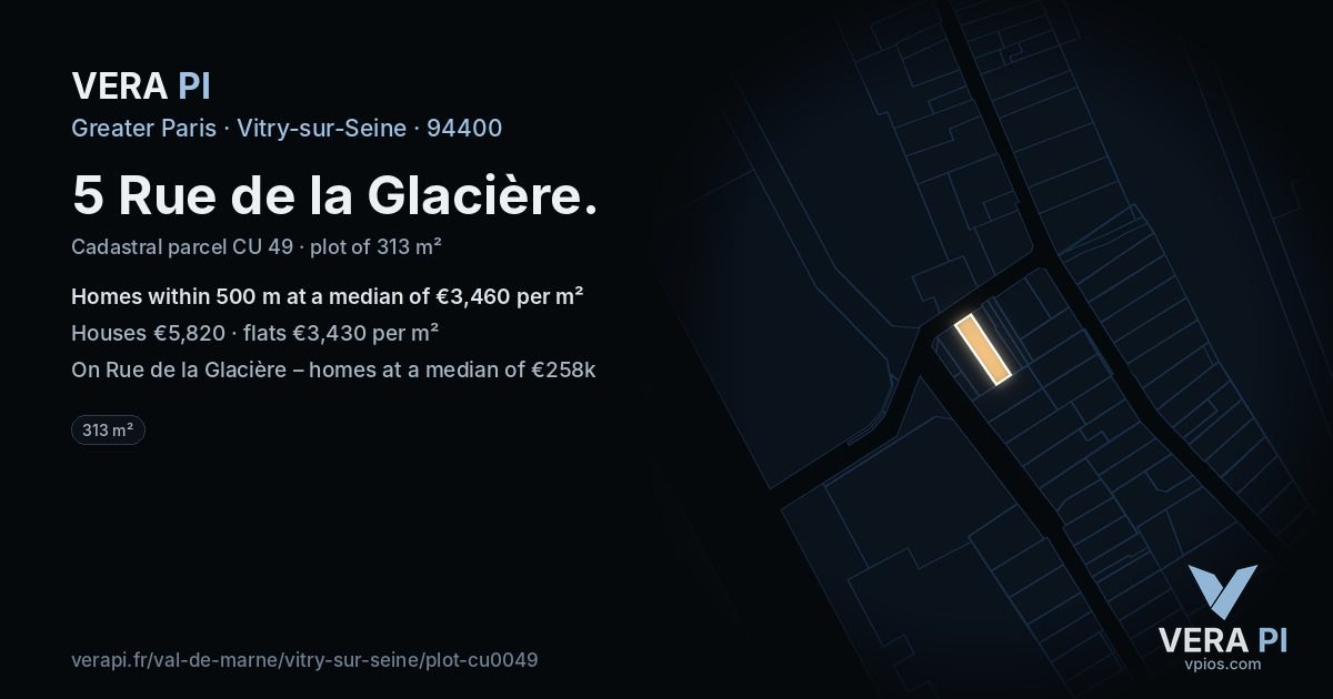 5 Rue de la Glacière, Vitry-sur-Seine at night – the plot lit, the parcels around coloured by the prices near them
