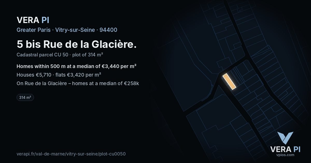 5 bis Rue de la Glacière, Vitry-sur-Seine at night – the plot lit, the parcels around coloured by the prices near them