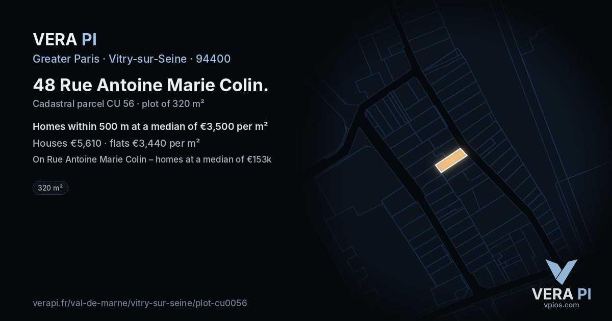 48 Rue Antoine Marie Colin, Vitry-sur-Seine at night – the plot lit, the parcels around coloured by the prices near them