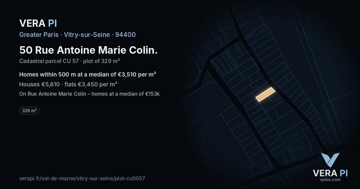 50 Rue Antoine Marie Colin, Vitry-sur-Seine at night – the plot lit, the parcels around coloured by the prices near them
