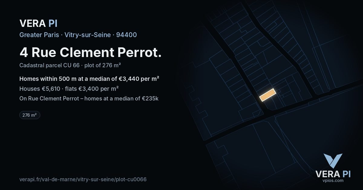 4 Rue Clement Perrot, Vitry-sur-Seine at night – the plot lit, the parcels around coloured by the prices near them