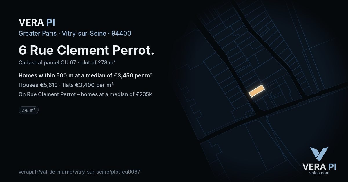 6 Rue Clement Perrot, Vitry-sur-Seine at night – the plot lit, the parcels around coloured by the prices near them