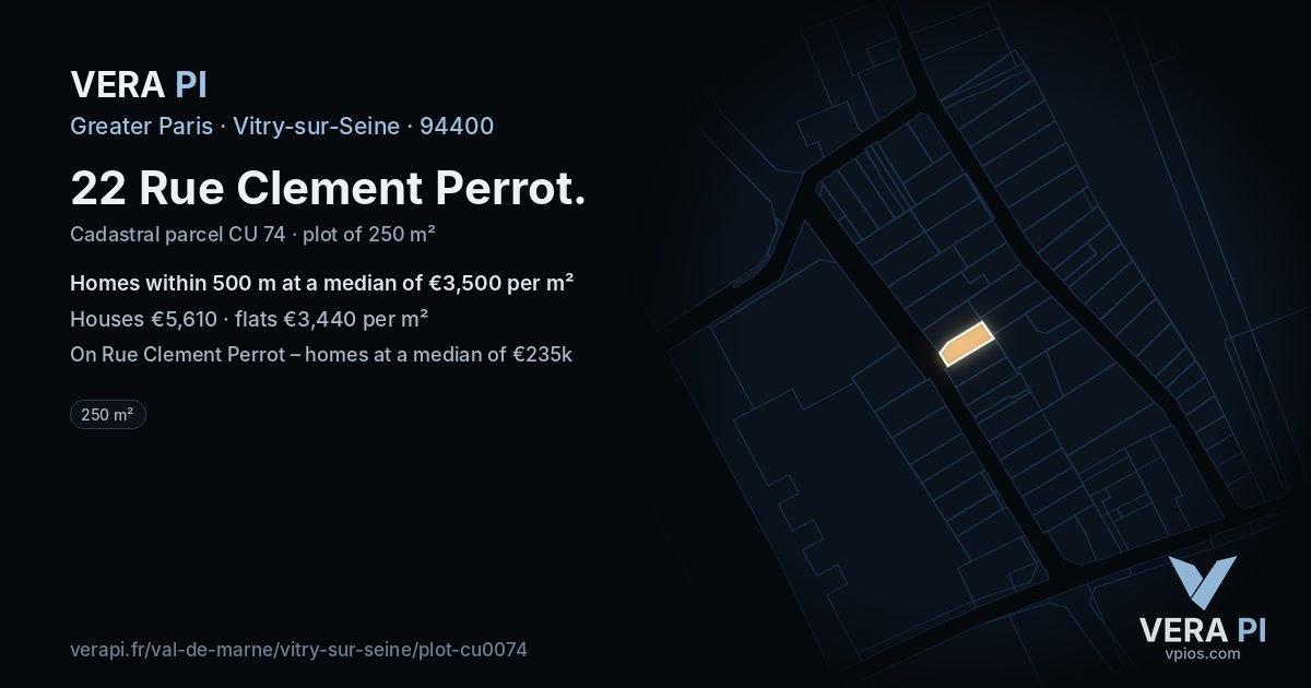 22 Rue Clement Perrot, Vitry-sur-Seine at night – the plot lit, the parcels around coloured by the prices near them