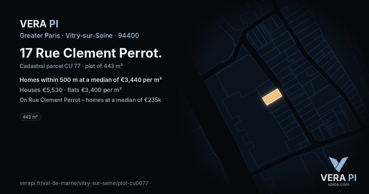17 Rue Clement Perrot, Vitry-sur-Seine at night – the plot lit, the parcels around coloured by the prices near them