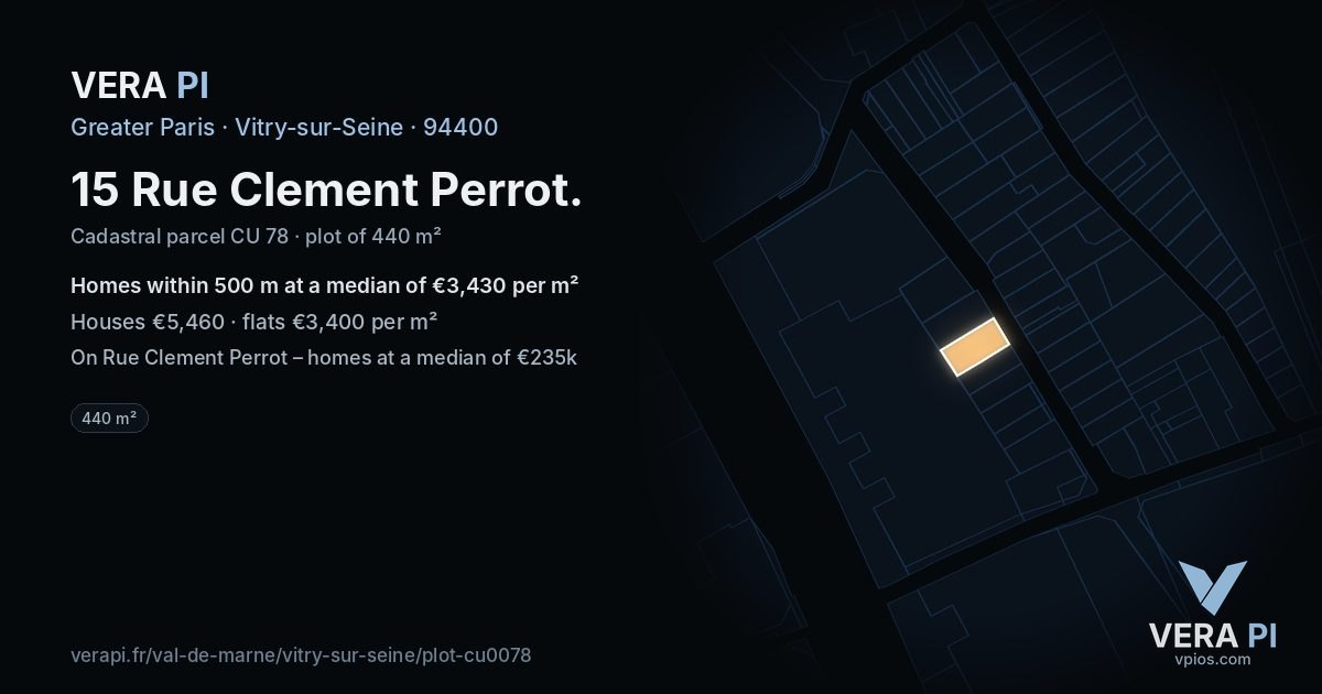 15 Rue Clement Perrot, Vitry-sur-Seine at night – the plot lit, the parcels around coloured by the prices near them