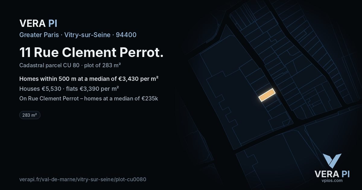 11 Rue Clement Perrot, Vitry-sur-Seine at night – the plot lit, the parcels around coloured by the prices near them