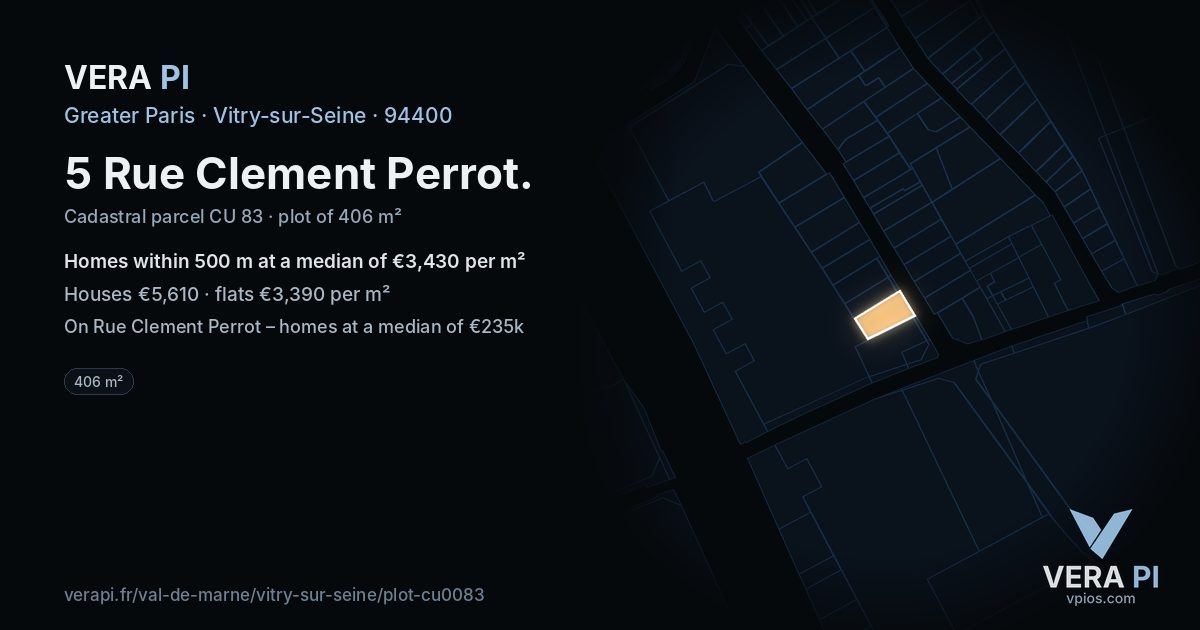 5 Rue Clement Perrot, Vitry-sur-Seine at night – the plot lit, the parcels around coloured by the prices near them