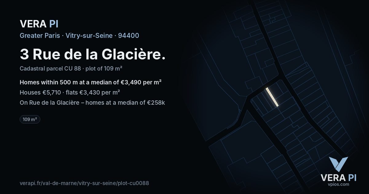 3 Rue de la Glacière, Vitry-sur-Seine at night – the plot lit, the parcels around coloured by the prices near them