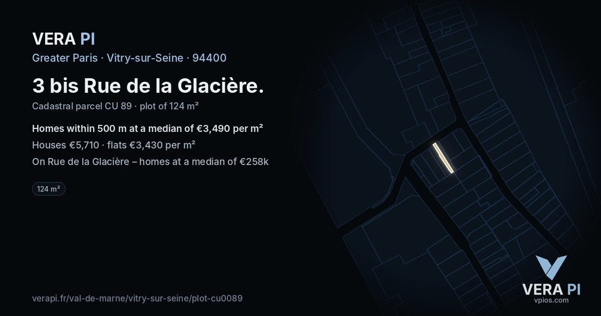 3 bis Rue de la Glacière, Vitry-sur-Seine at night – the plot lit, the parcels around coloured by the prices near them