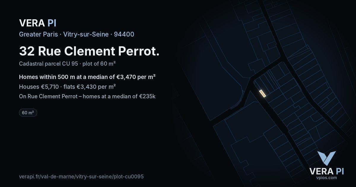 32 Rue Clement Perrot, Vitry-sur-Seine at night – the plot lit, the parcels around coloured by the prices near them