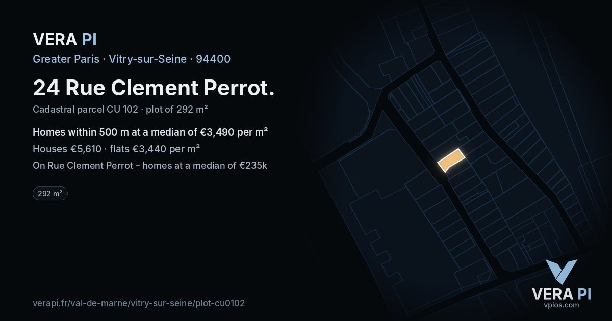 24 Rue Clement Perrot, Vitry-sur-Seine at night – the plot lit, the parcels around coloured by the prices near them