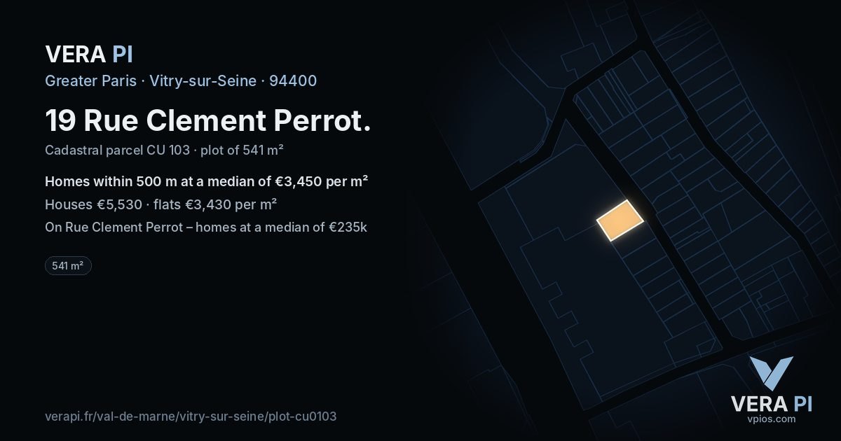 19 Rue Clement Perrot, Vitry-sur-Seine at night – the plot lit, the parcels around coloured by the prices near them