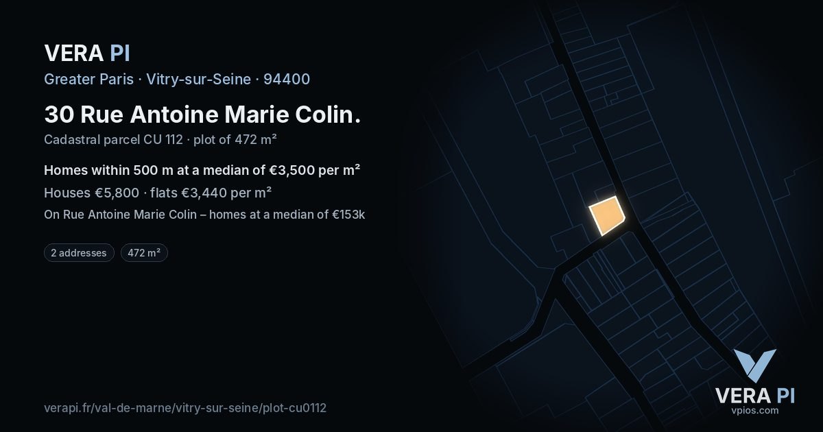 30 Rue Antoine Marie Colin, Vitry-sur-Seine at night – the plot lit, the parcels around coloured by the prices near them