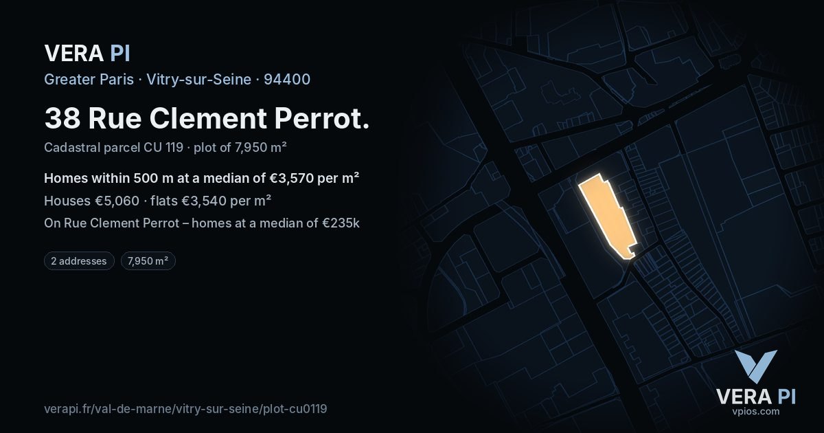 38 Rue Clement Perrot, Vitry-sur-Seine at night – the plot lit, the parcels around coloured by the prices near them