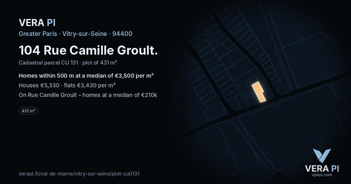 104 Rue Camille Groult, Vitry-sur-Seine at night – the plot lit, the parcels around coloured by the prices near them