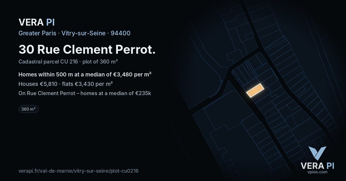 30 Rue Clement Perrot, Vitry-sur-Seine at night – the plot lit, the parcels around coloured by the prices near them