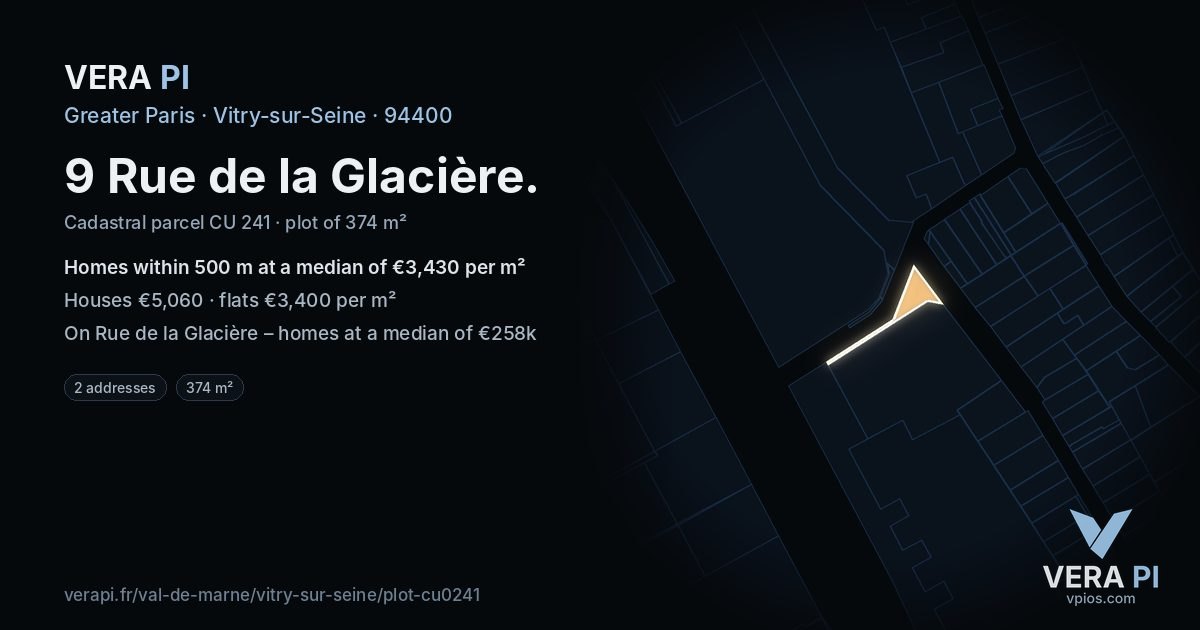 9 Rue de la Glacière, Vitry-sur-Seine at night – the plot lit, the parcels around coloured by the prices near them