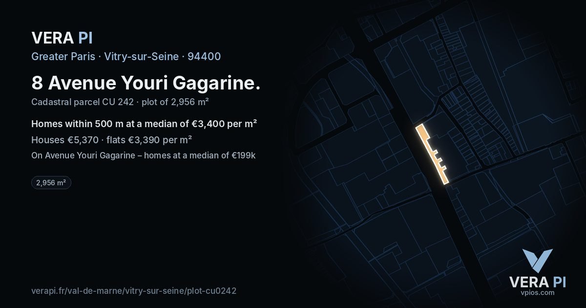 8 Avenue Youri Gagarine, Vitry-sur-Seine at night – the plot lit, the parcels around coloured by the prices near them