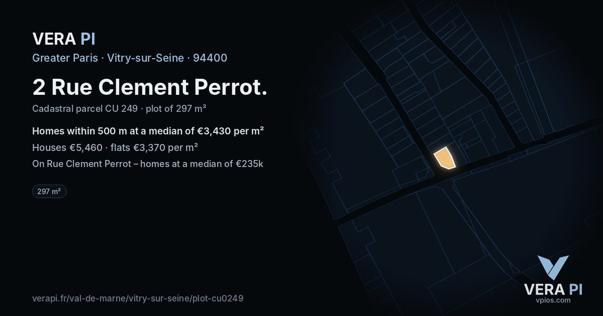 2 Rue Clement Perrot, Vitry-sur-Seine at night – the plot lit, the parcels around coloured by the prices near them
