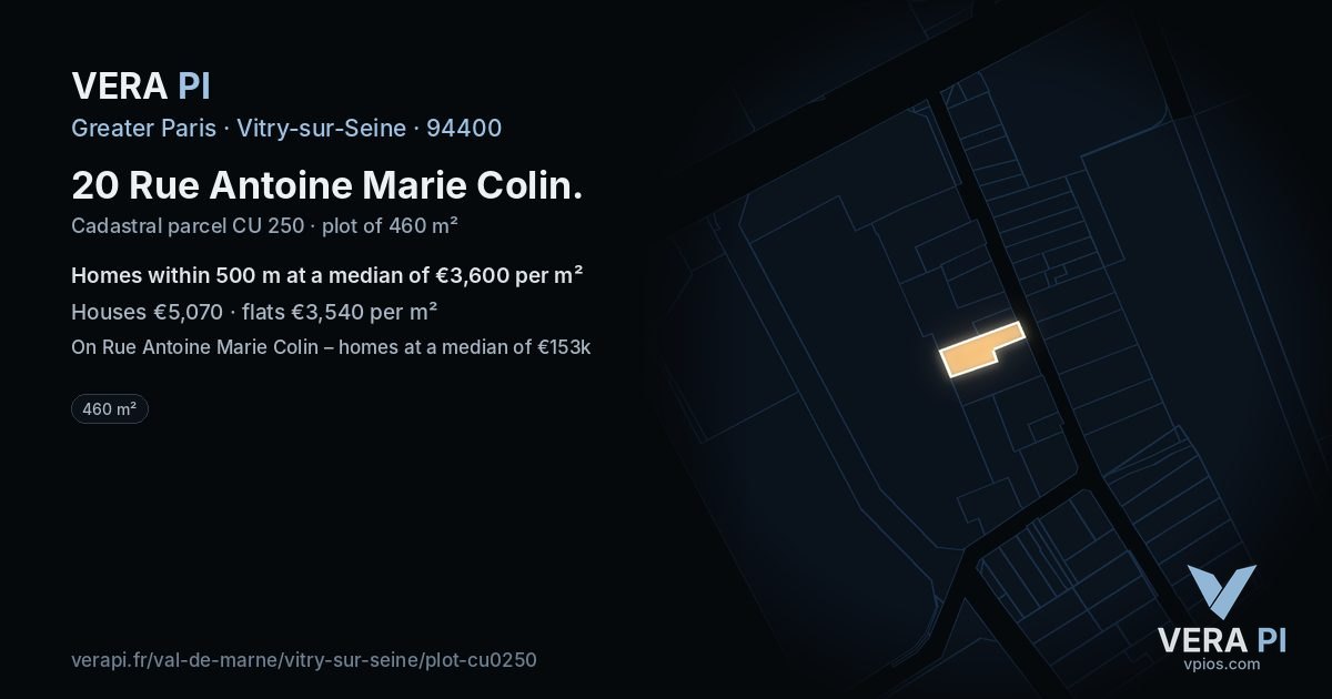 20 Rue Antoine Marie Colin, Vitry-sur-Seine at night – the plot lit, the parcels around coloured by the prices near them