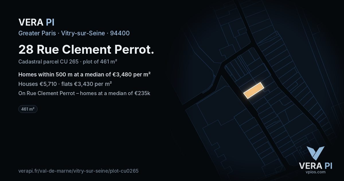 28 Rue Clement Perrot, Vitry-sur-Seine at night – the plot lit, the parcels around coloured by the prices near them
